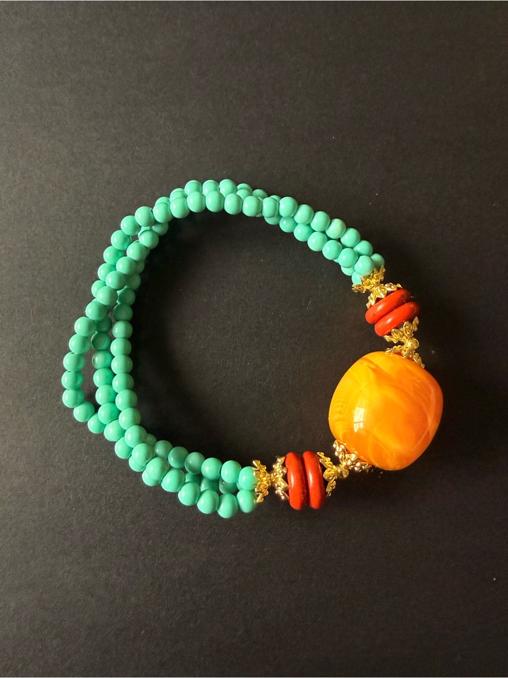 Multi-Strand Turquoise & Amber Bead Stretch Bracelet, Handmade